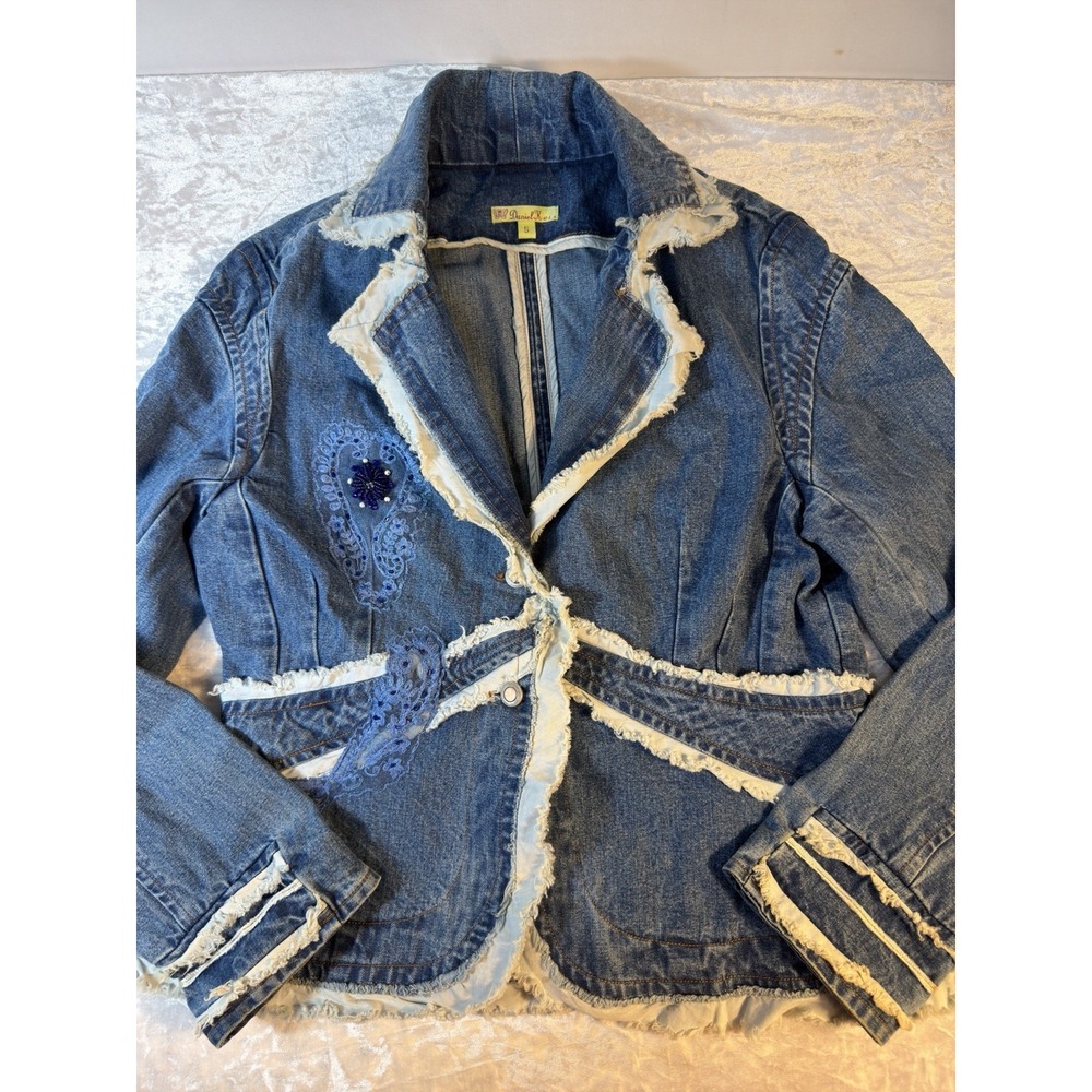 Daniel K Denim Jacket Womens S Y2K Embroidered Beaded Frayed Boho Jean Blazer
